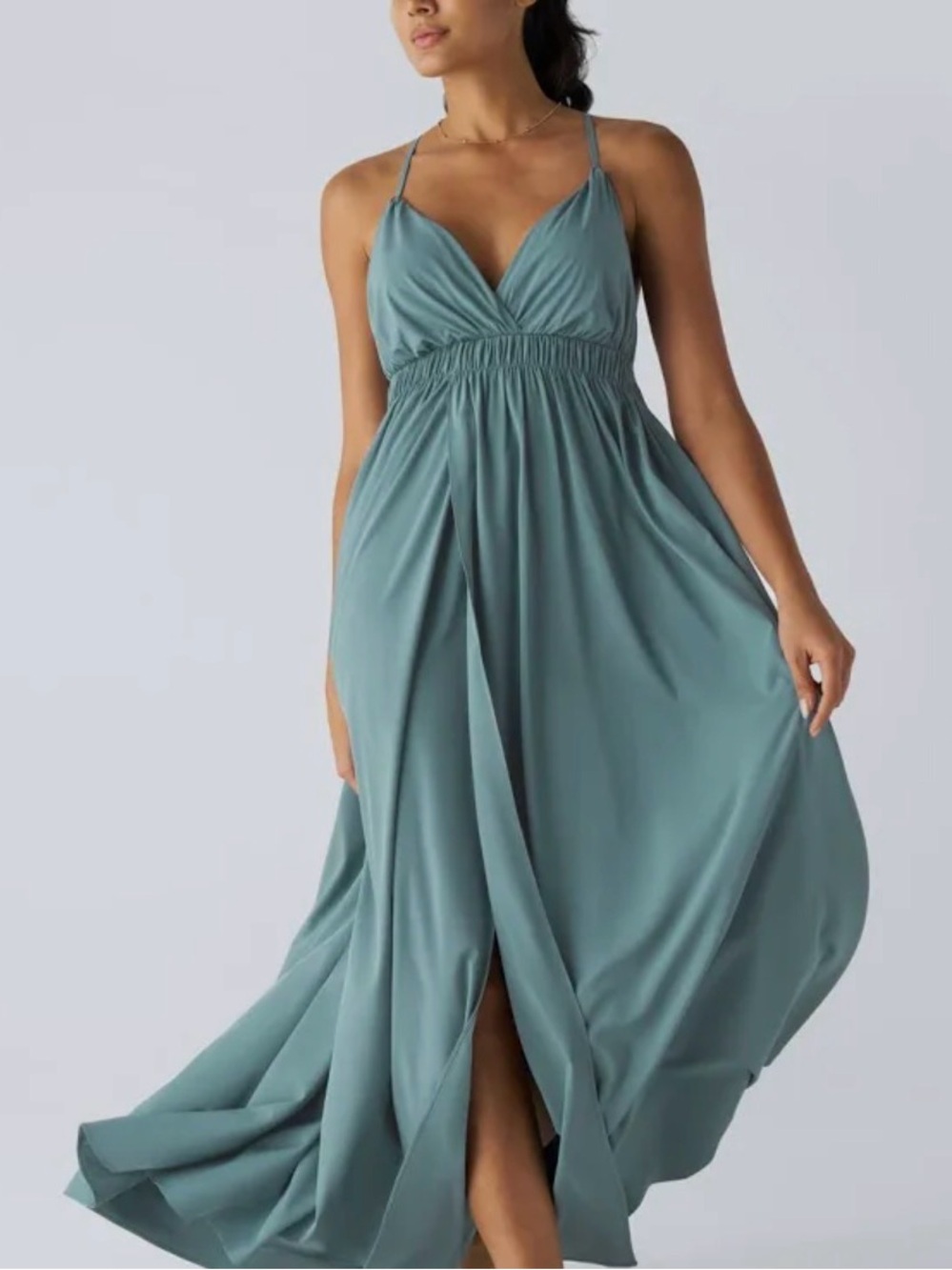 Halara Stone Blue Breezeful V-neck Flowy Quick Dry Versatile Maxi Dress M NWT